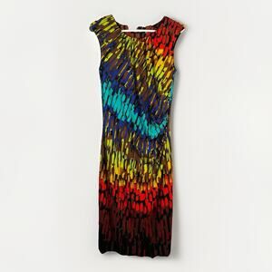 Ellen Tracy Sleeveless Dress Size 8 Rainbow Knee Length Ruched Bodycon Lined